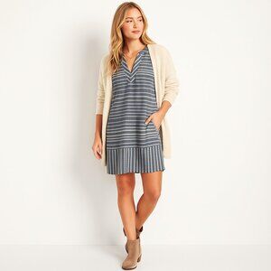 Athleta 100% Cotton Striped Shift Blue Grey Dress Pockets Size Medium Coastal